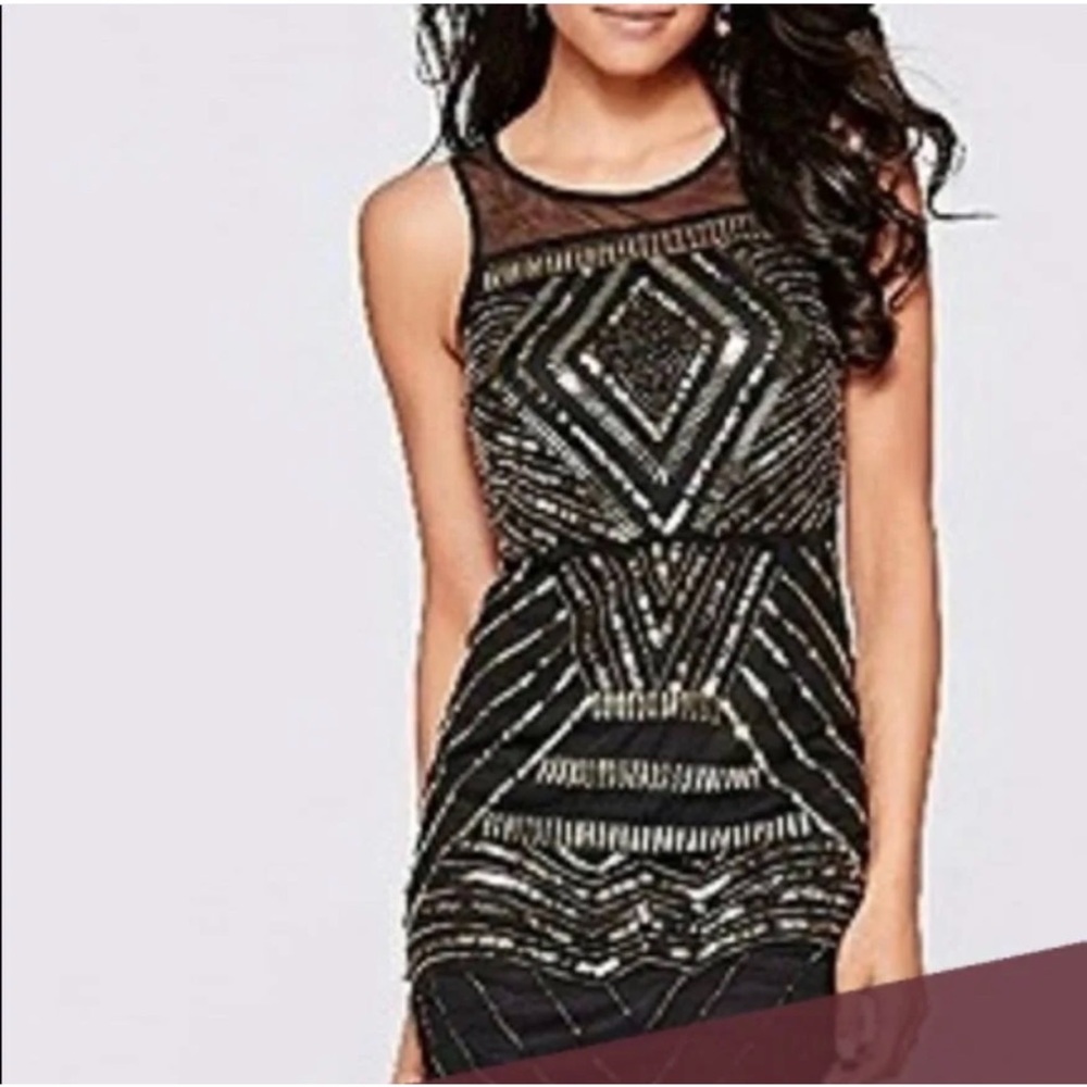 HP!! 🎉🎉 EUC Venus Black with Gold Sequin Embellished Mini Dress. Size 4.